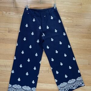 Elie Taharie navy blue embroidered wide leg pants